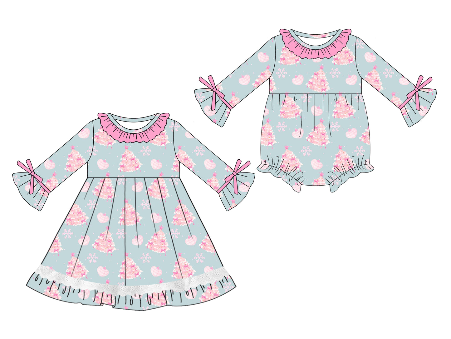 25.5.20 custom each style moq 5eta 4-6week Sibling Sisters Christmas trees baby girl long sleeve dress and rompers match family design