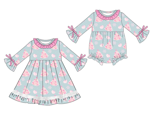 25.5.20 custom each style moq 5eta 4-6week Sibling Sisters Christmas trees baby girl long sleeve dress and rompers match family design