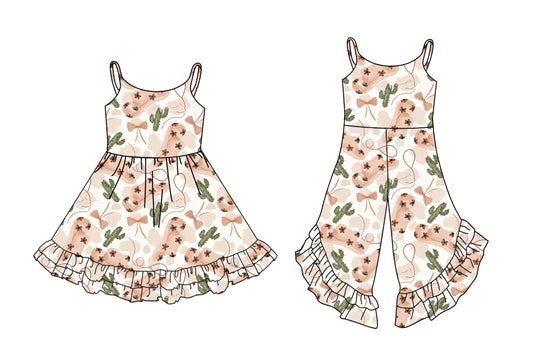 2.26 custom each style moq 5eta 4-6week Sibling Sister bow catcus baby girl dress and jumpsuit match family design
