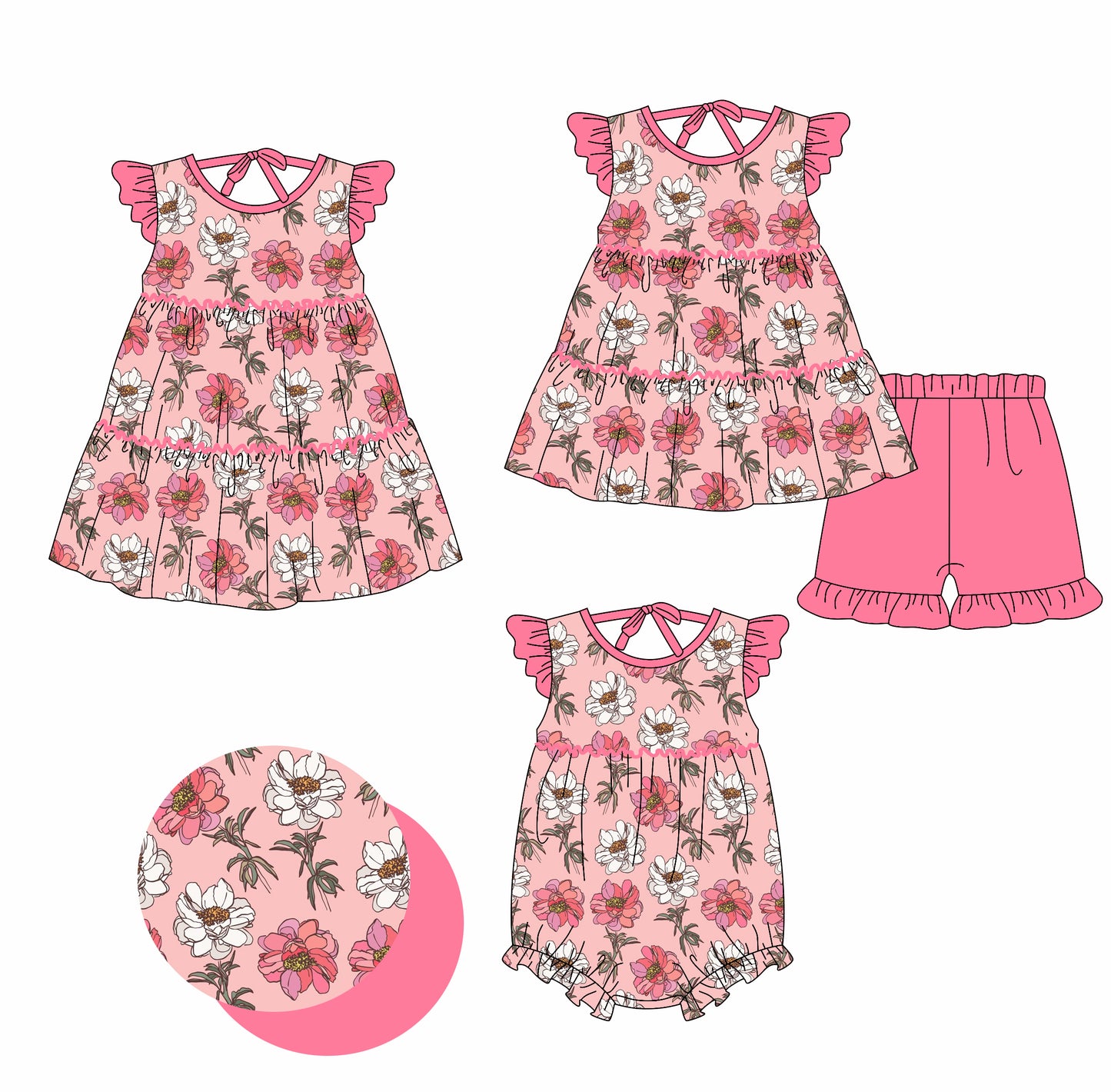 2.18 custom each style moq 5eta 4-6week Sibling Sisters floral baby girl short sleeve shorts sets and dress and rompers match family design