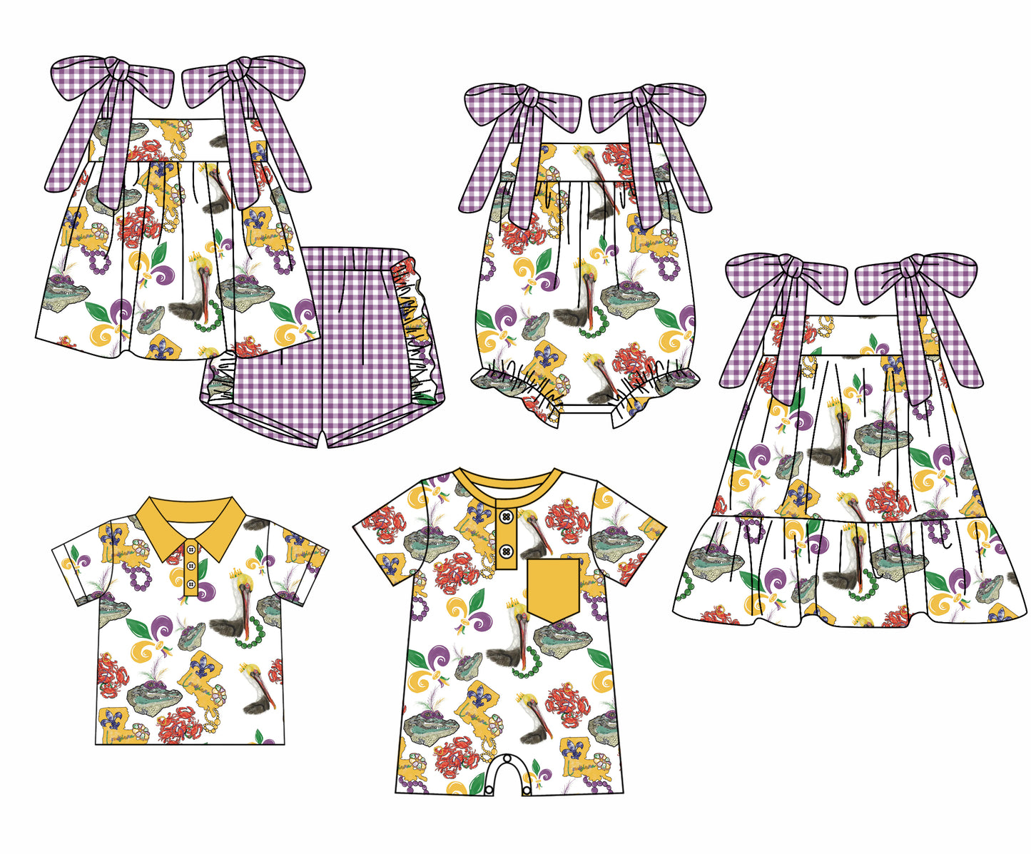 12.3 custom each style moq 5eta 4-6week Sibling Sister mardi gras baby girl short sleeve shorts sets and sets 2 and girls romper and boy romper and dress match design
