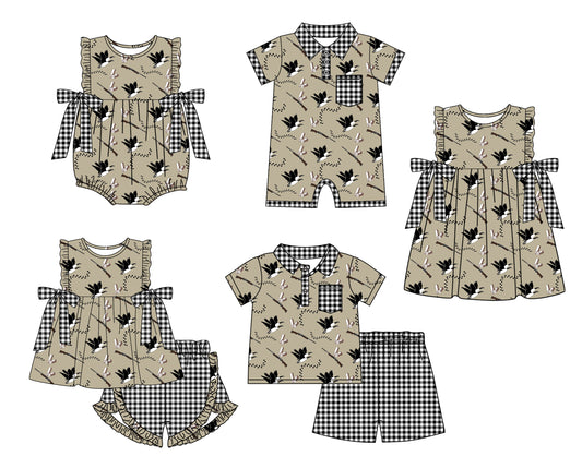 11.13 custom each style moq 5eta 4-6week Sibling Sister duck baby girl short sleeve shorts sets and sets 2 and girls romper and boy romper and dress match design