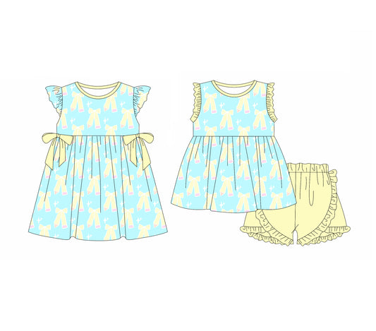 3.31 custom each style moq 5eta 4-6week Sibling Sister pencil bow baby girl short sleeve shorts sets and dresses match design