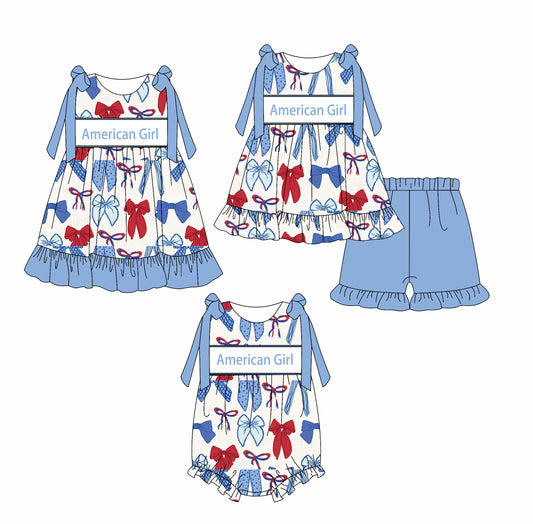 2.19 custom each style moq 5eta 4-6week Sibling Sisters American Girl bow baby girl short sleeve shorts sets and dress and rompers match family design