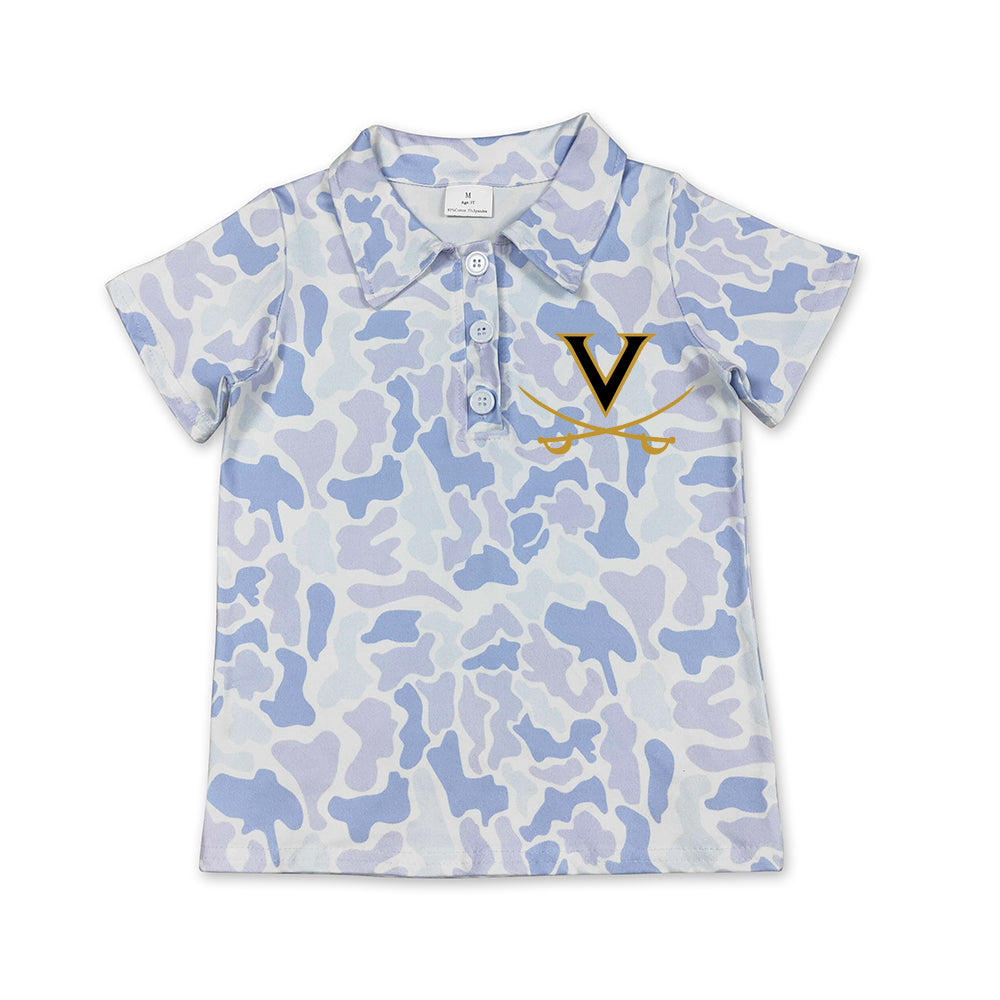 Custom moq 5 mix size milk silk summer teams Kids Boys Short Sleeve Southern Light Blue Camo Casual Polo Top