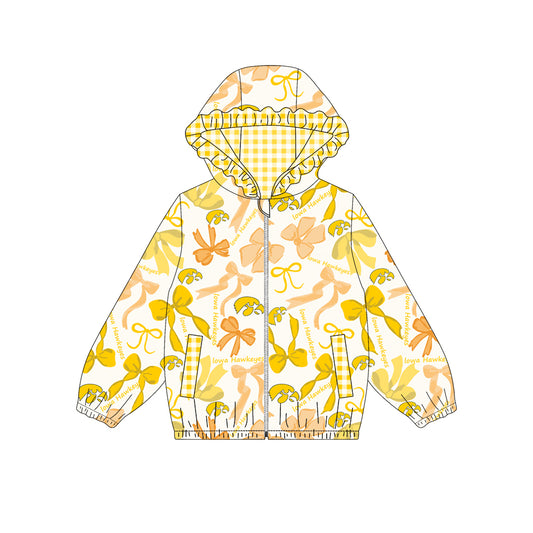 Custom moq 5 mix size milk silk summer teams baby girls clothes lace bow yellow hooded long sleeve top-25.9.2
