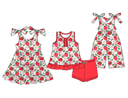 3.14 custom each style moq 5eta 4-6week Sibling Sister strawberry floral baby girl short sleeve shorts sets and dresses and jumpsuit match design