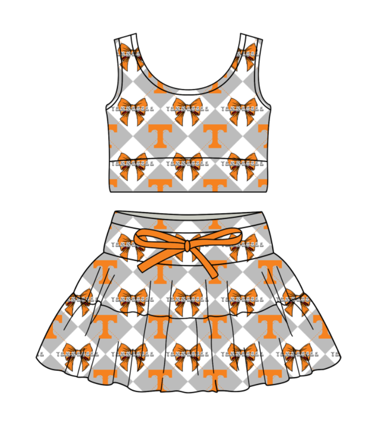 Custom moq 5 mix size orange Plaid Baby Girl Sleeveless Top And Skirt Team Outfit Children's Clothing
