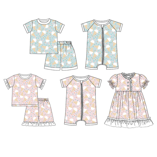 12.14 custom each style moq 5eta 4-6week Sibling Sister ice cream baby girl short sleeve shorts sets and sets 2 and girls romper and boy romper and boy romper and dress match design