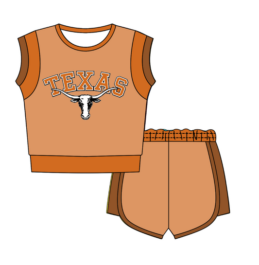 Custom moq 5 mix size milk silk summer teams Orange Sleeveless O-Neck Top And Shorts Set Cute And Comfortable Kids' Outfit