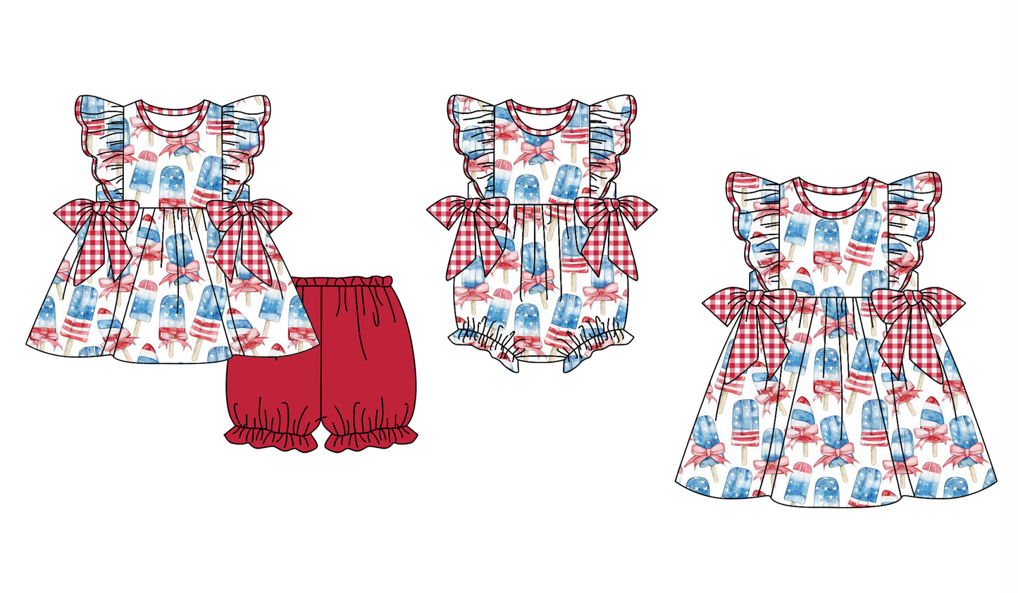 11.30 custom each style moq 5eta 4-6week Sibling Sister ice cream bow baby girl short sleeve shorts sets and dress and rompers match family design