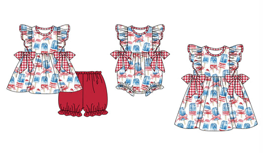 11.30 custom each style moq 5eta 4-6week Sibling Sister ice cream bow baby girl short sleeve shorts sets and dress and rompers match family design