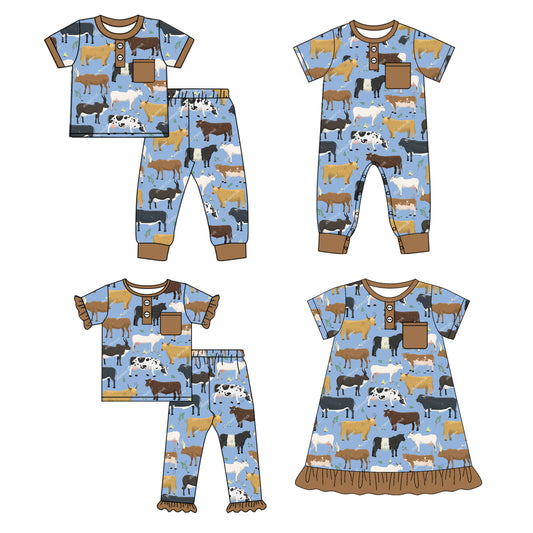 25.9.25 custom each style moq 8 eta 6-8week Sibling Sister cow horse baby short sleeve pants sets 2 and romper and dress match design