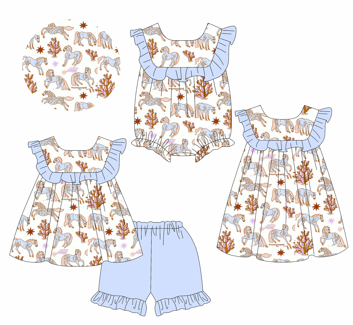 2.15 custom each style moq 5eta 4-6week Sibling Sisters horse catcus baby girl short sleeve shorts sets and dress and rompers match family design