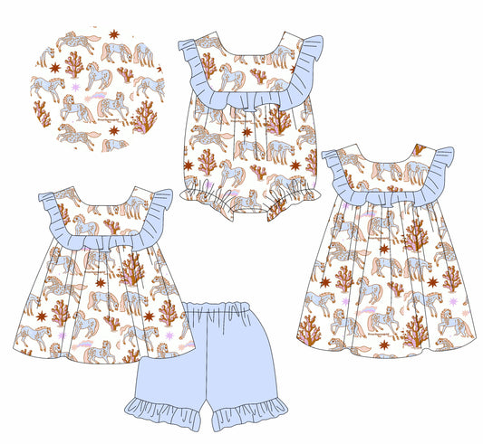 2.15 custom each style moq 5eta 4-6week Sibling Sisters horse catcus baby girl short sleeve shorts sets and dress and rompers match family design
