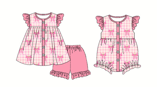 2.22 custom each style moq 5eta 4-6week Sibling Sister bow baby boy short sleeve shorts sets and romper match design