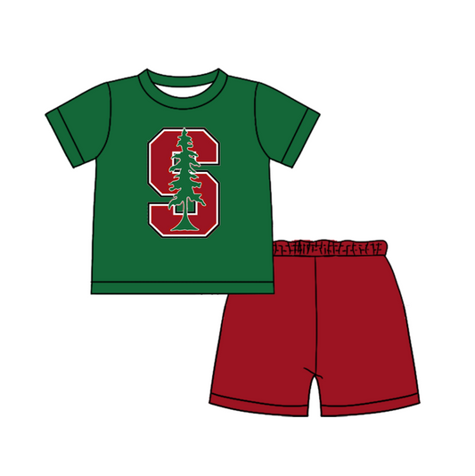 Custom moq 5 mix size milk silk summer teams Baby Boy's Green Short-Sleeved O-Neck Top And solid color Shorts Set