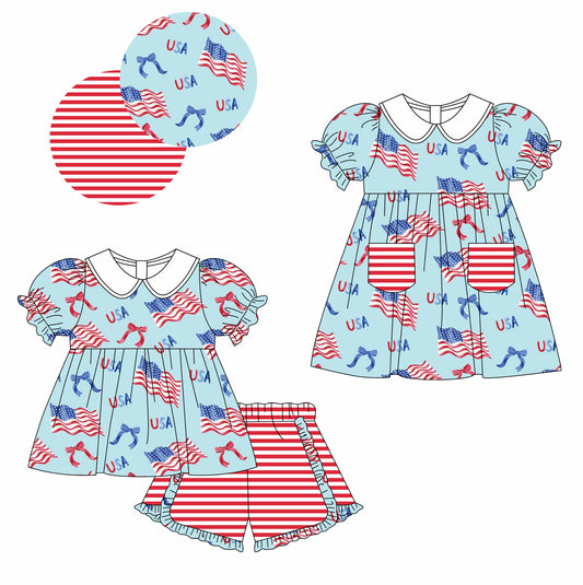 11.22 custom each style moq 5eta 4-6week Sibling Sister 4th of july usa baby girl short sleeve shorts sets and dresses match design