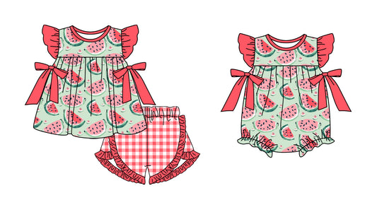 11.3 custom each style moq 5eta 4-6week Sibling Sister watermelon baby girl short sleeve shorts sets and rompers match design