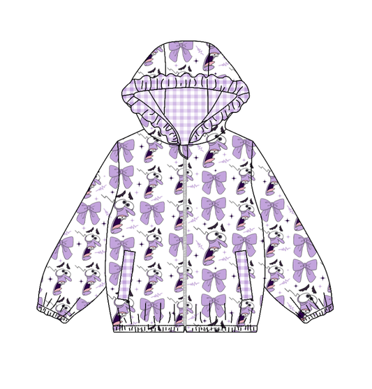 Custom moq 5 mix size milk silk summer  baby girls clothes bow purple lace hooded long sleeve top-25.11.4