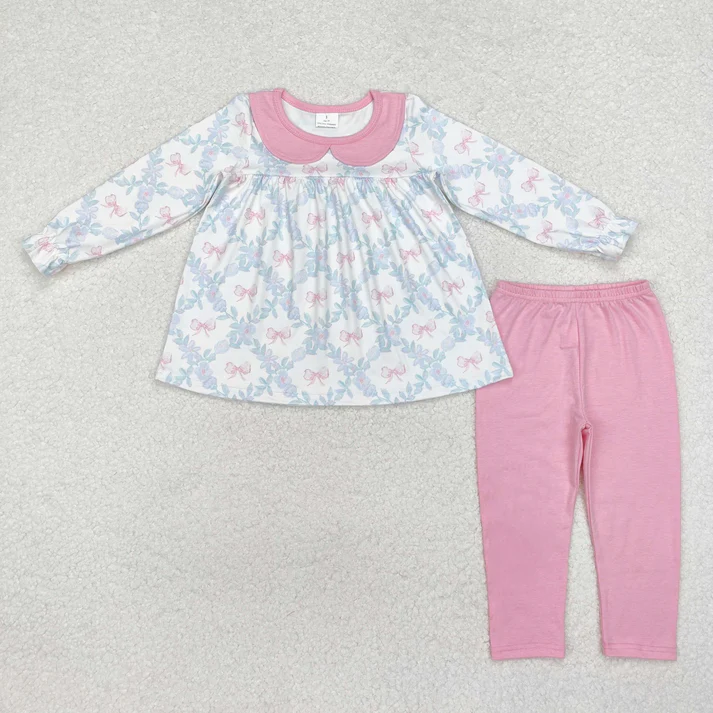 RTS NO MOQ Sibling baby girl clothes floral bow long sleeve pants Sets