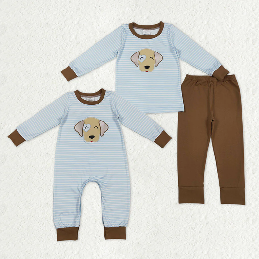 RTS NO MOQ Sibling Baby boy clothes embroidery puppy long-sleeved trousers suits and rompers