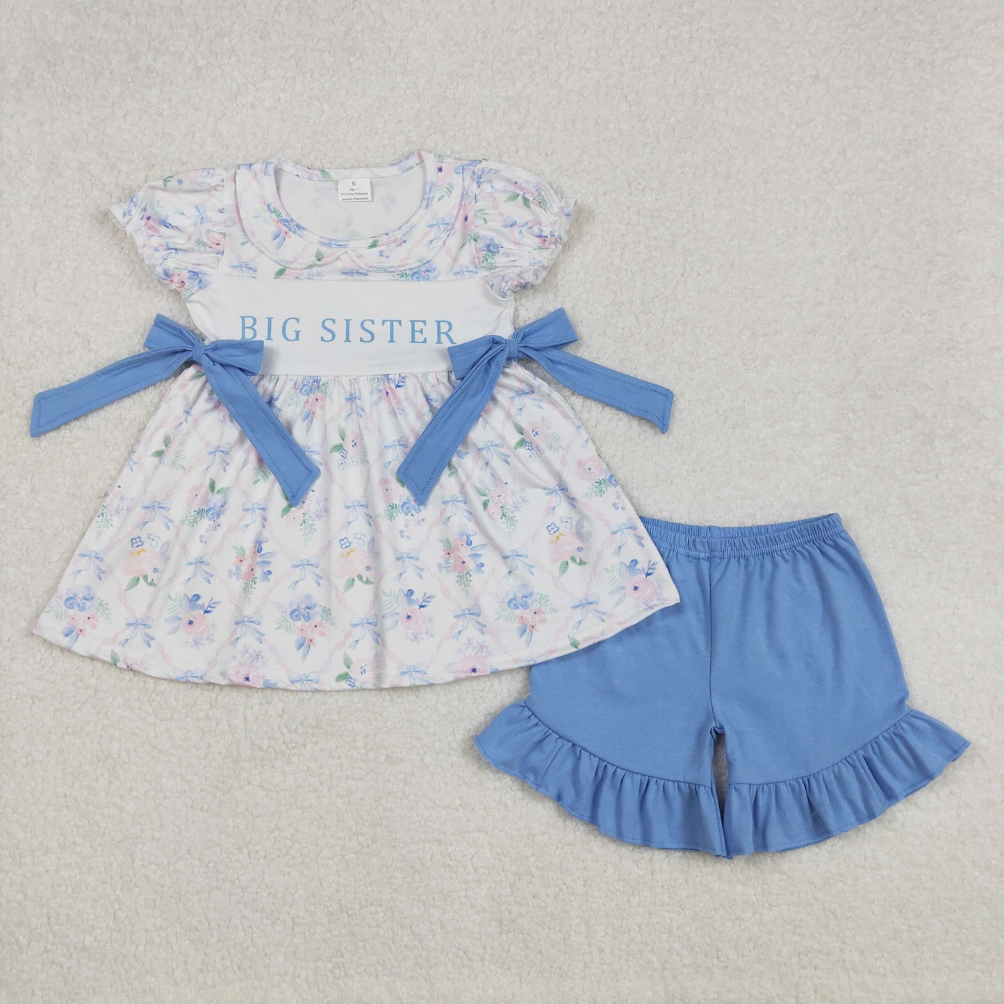 RTS NO MOQ ETA 5/7days Arrived GSSO1875 Big sister, flower, blue bow, doll collar, white short-sleeved shorts suit