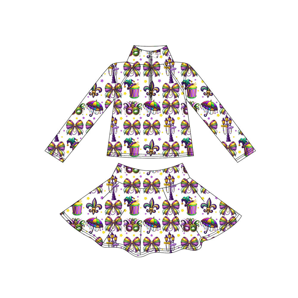 Custom moq 5 mix size milk silk summer baby girls clothes mardi gras bow long sleeve skirts sets-25.11.7