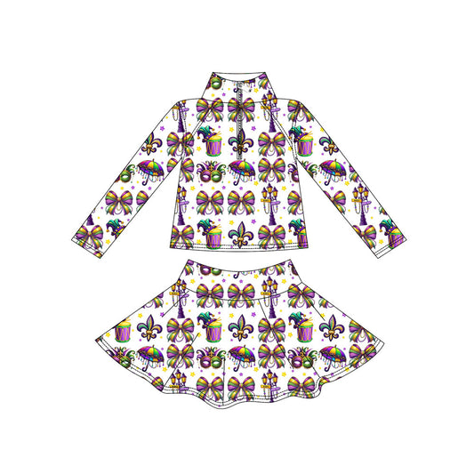 Custom moq 5 mix size milk silk summer baby girls clothes mardi gras bow long sleeve skirts sets-25.11.7