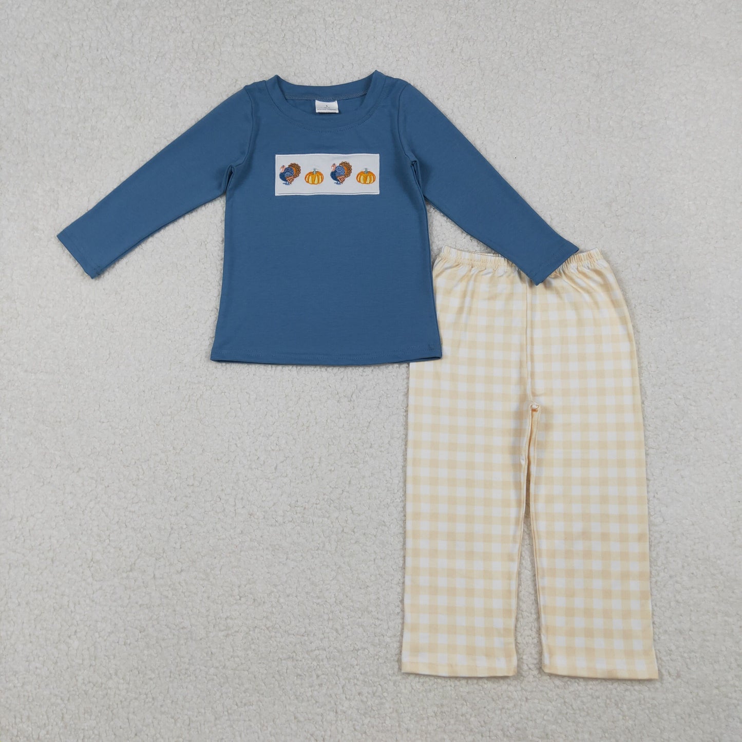 RTS NO MOQ（In Stock) BLP1176 Embroidered Turkey and Pumpkin Blue Plaid Long-Sleeved Pants Set
