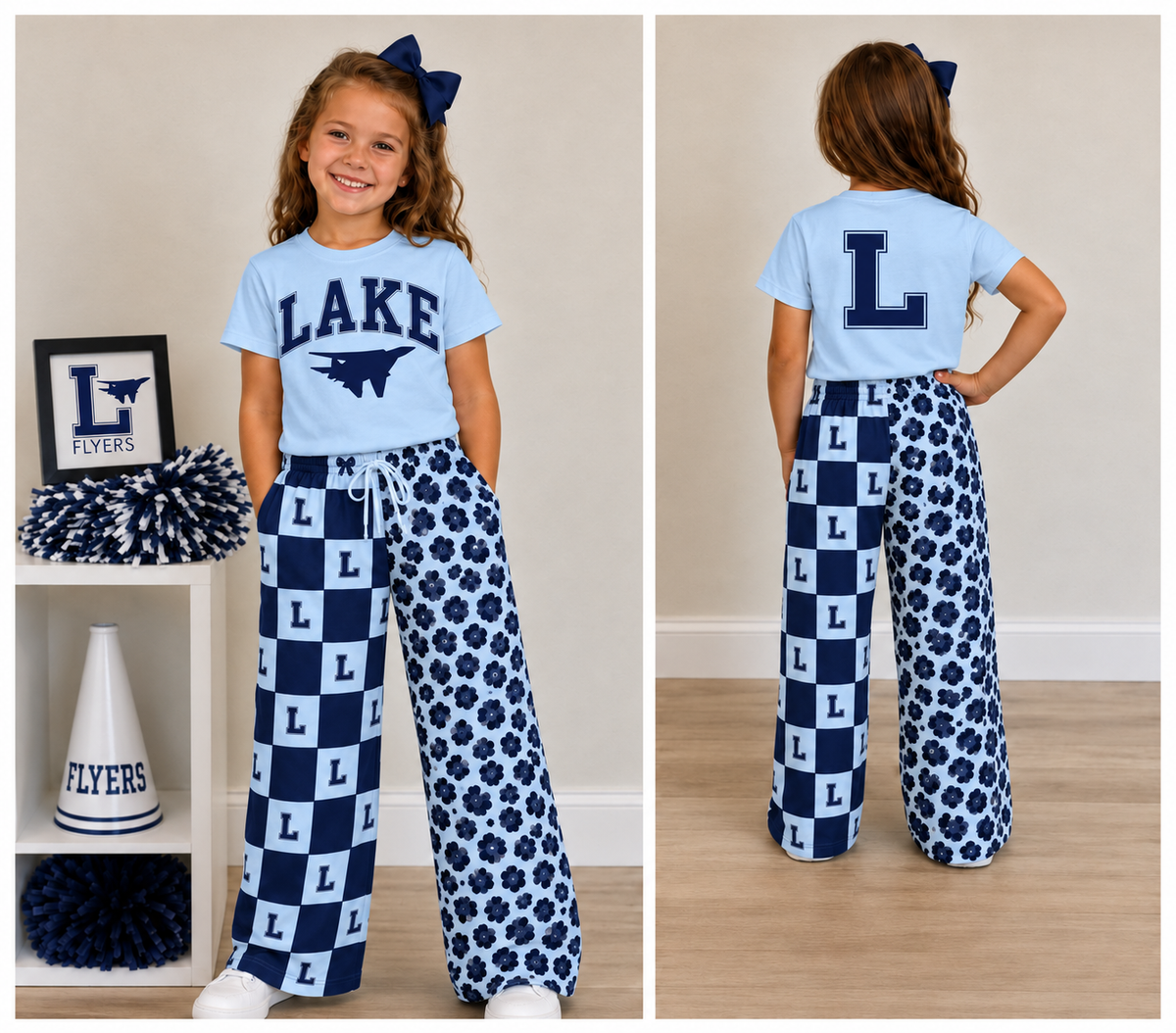 custom moq 5 mix size RLES0106 Adult To Match Kids Blue Team Short Sleeve Tee And Checked Leopard Wide Leg Pants Set