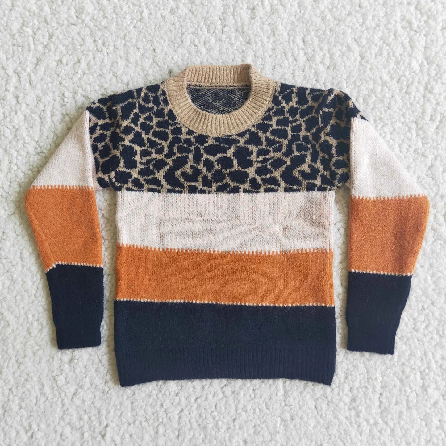 RTS NO MOQ Sibling Sweater Baby Toddler Leopard Print Crew Neck Knit Pullover Sweater