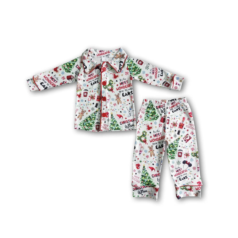 RTS NO MOQ Sibling milk silk Baby Boys Christmas Farm  Button Up Top  Pants Sleep Matching Outfits