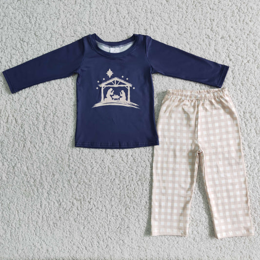 RTS NO MOQ（In Stock) 6 A11-1 Boys Dark Blue Long Sleeve Jesus Top Plaid Pants