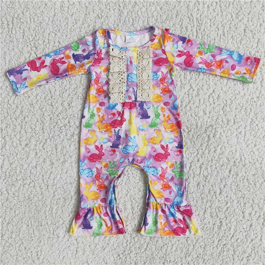 6 A12-3 Toddler Girls Colorful Bunny Print Long Sleeve Easter Snap Crotch Romper