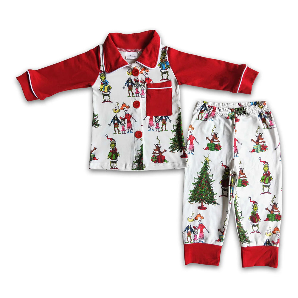 RTS NO MOQ Sibling milk silk Baby Boys Christmas Farm  Button Up Top  Pants Sleep Matching Outfits