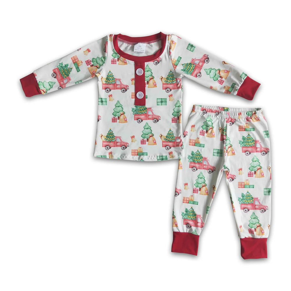 RTS NO MOQ Sibling milk silk Baby Boys Cute Truck Christmas Tree Bamboo Pajama Top Pants Sleep Clothes Sets