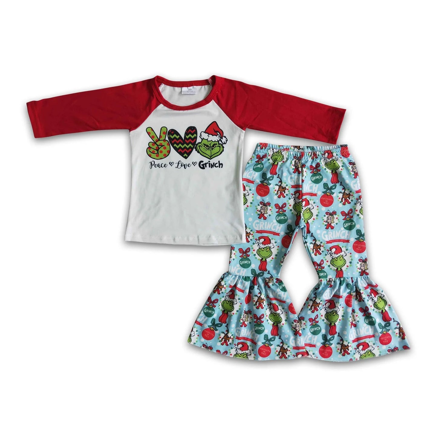 RTS NO MOQ Sibling milk silk Baby Girls Christmas Tractor Tree Bell Print Long Sleeve Top And Flared Bell Bottom Pants Two Piece Holiday Clothes Set