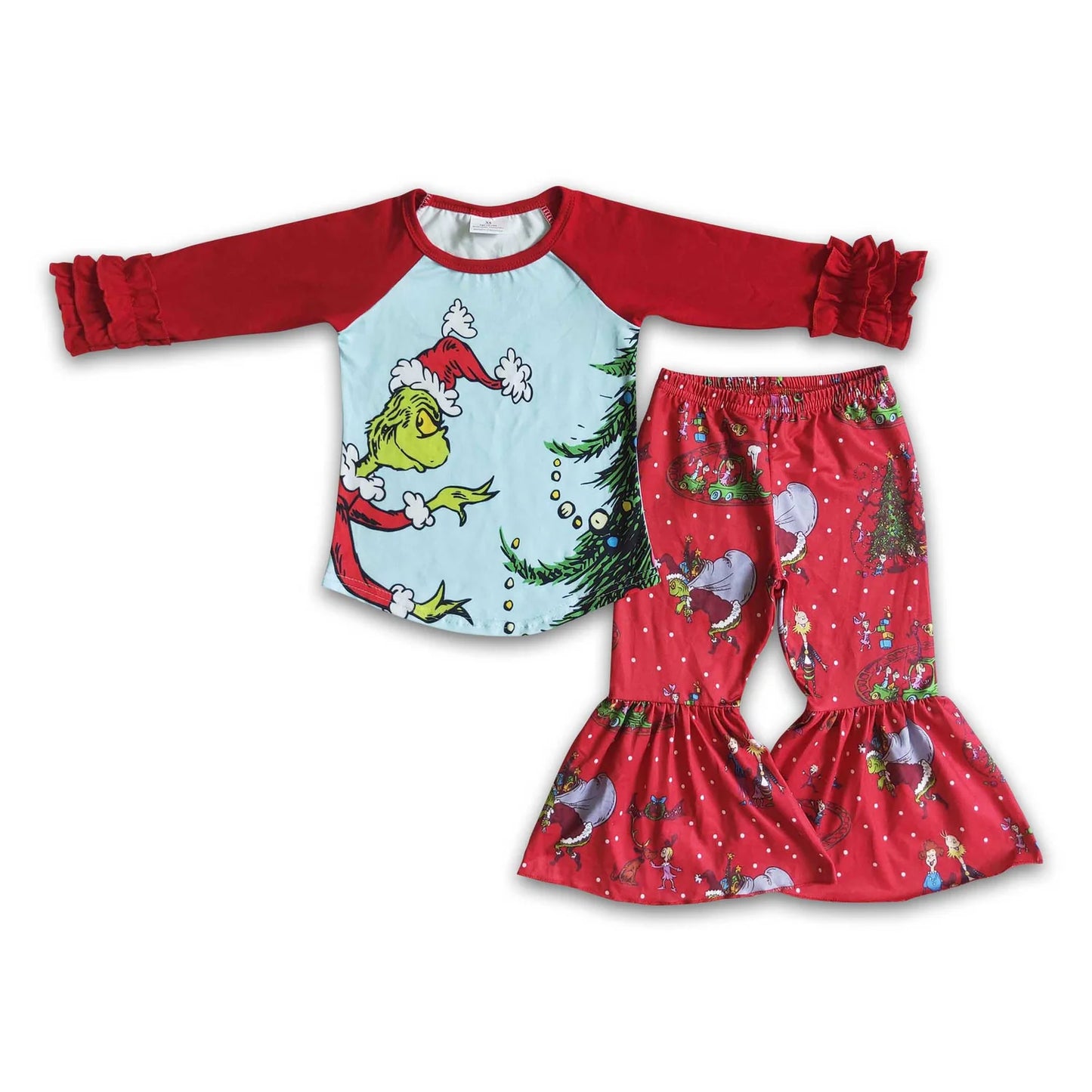 RTS NO MOQ Sibling milk silk Baby Girls Long Sleeve Top Bell Bottom Pants Holiday Clothes Set