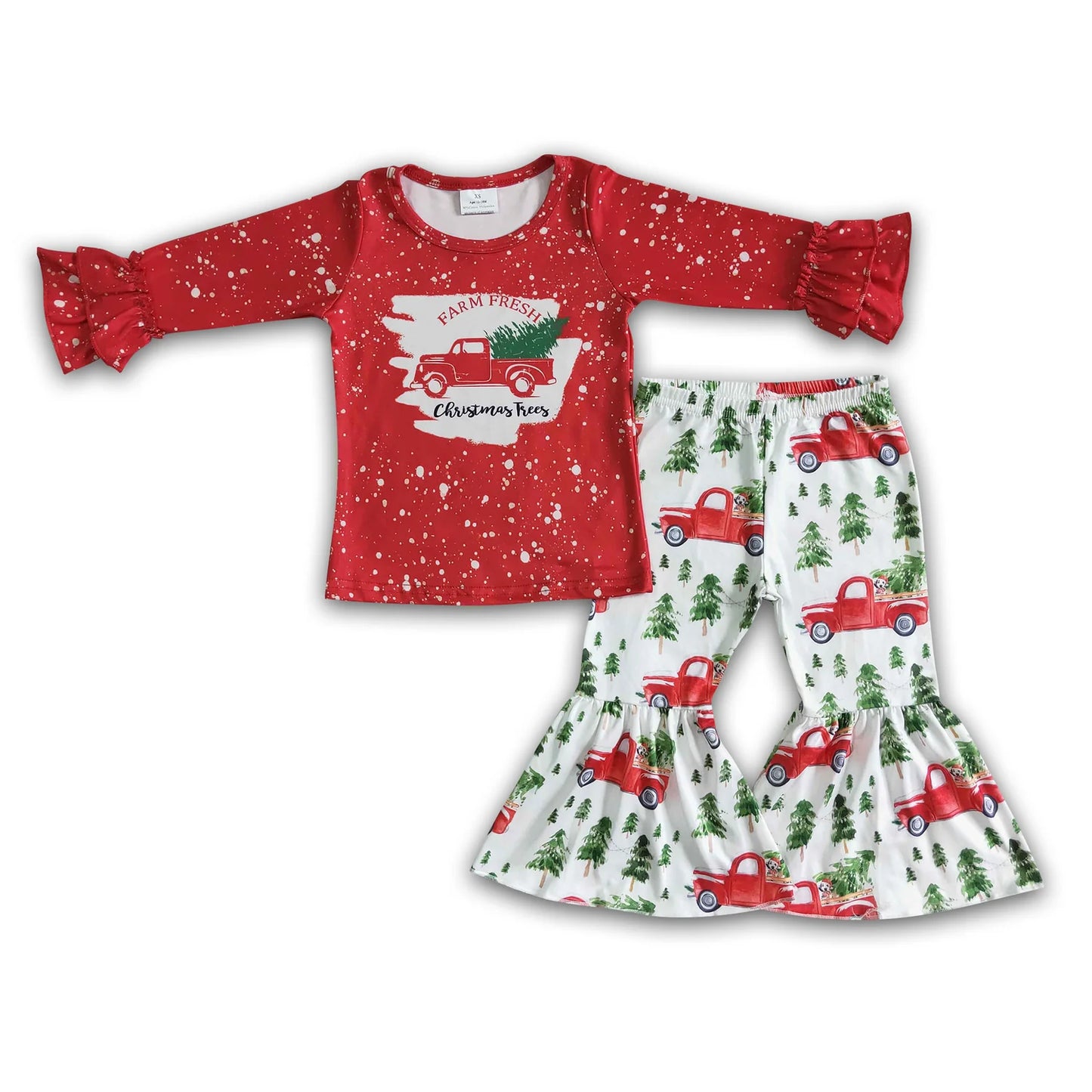 RTS NO MOQ Sibling milk silk Baby Girls Christmas Tractor Tree Bell Print Long Sleeve Top And Flared Bell Bottom Pants Two Piece Holiday Clothes Set