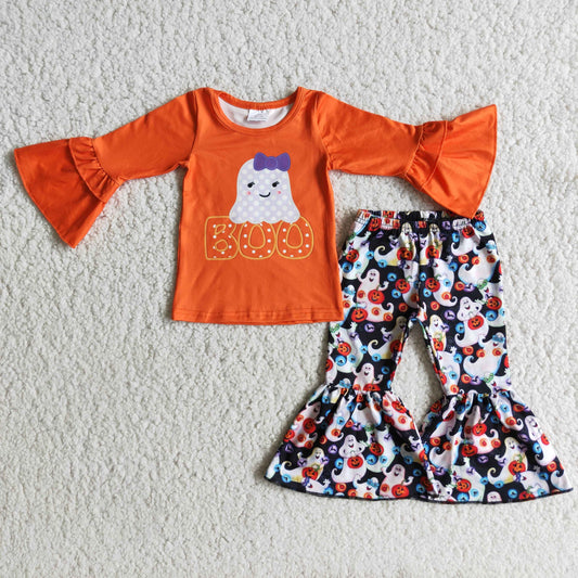 RTS NO MOQ（In Stock)  6 A2-26 Boo Orange Top Halloween Flared Pants Set