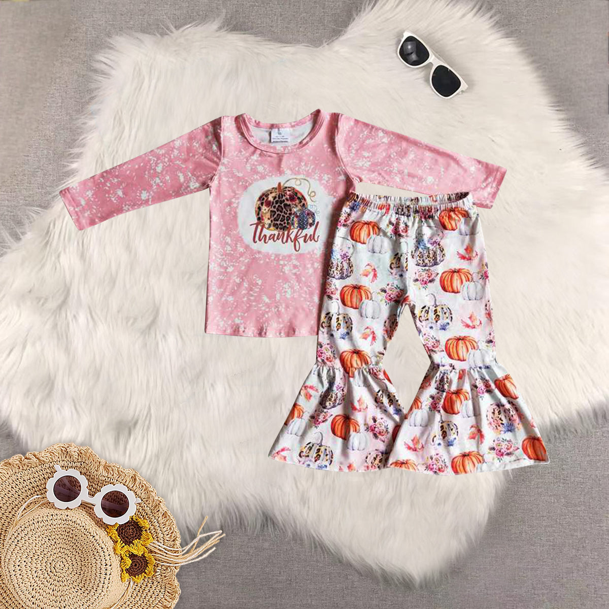 RTS NO MOQ Sibling Baby Girls thankful pumpkin Long Sleeve Pants Set