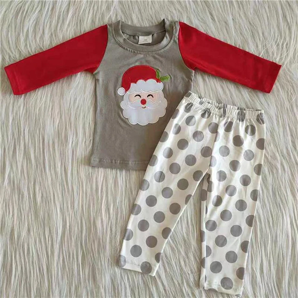 RTS NO MOQ Sibling milk silk Baby Boys Cute Embroidery Santa Green Pocket Top Striped Leggings Christmas Clothes Sets