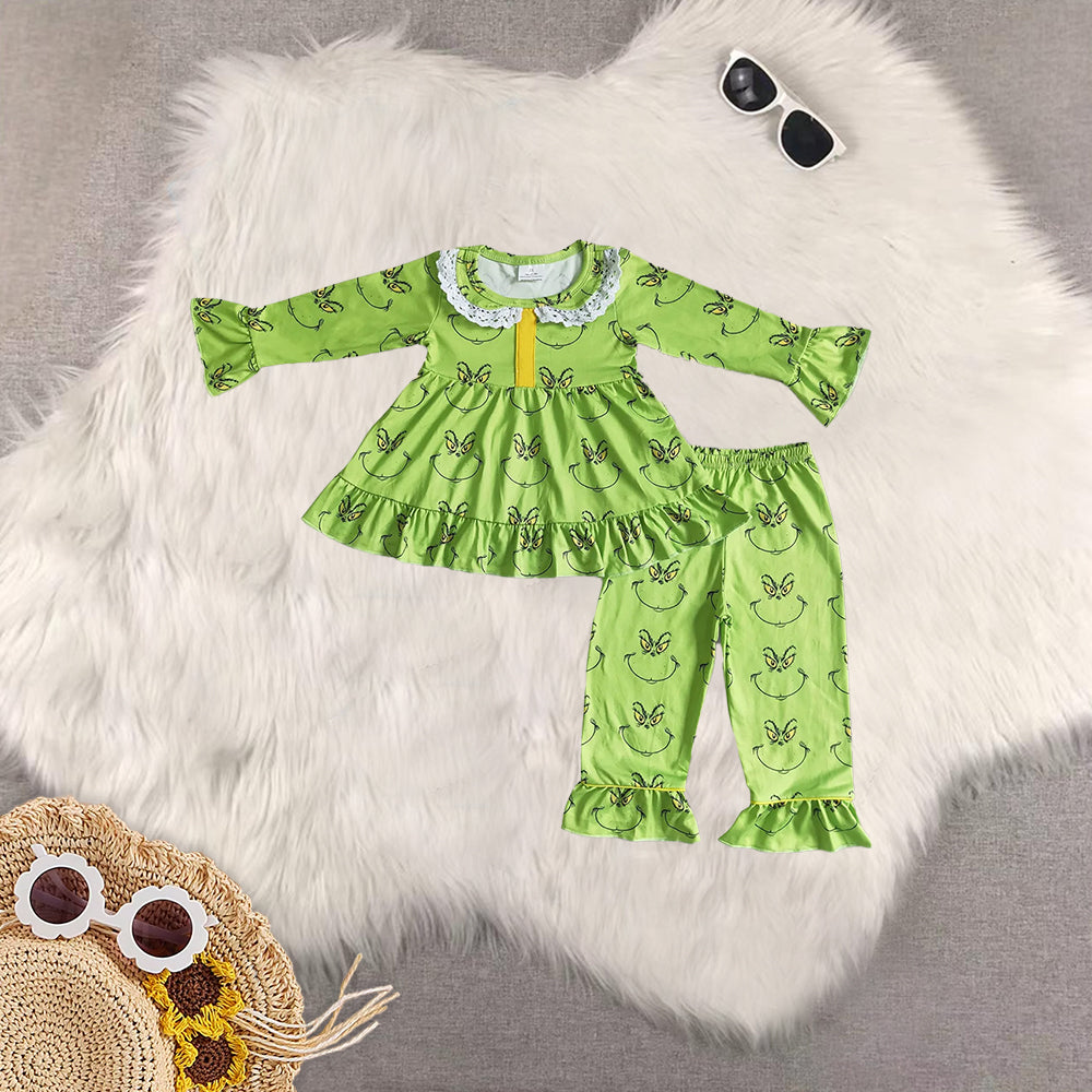 RTS NO MOQ sibling baby girls clothes Christmas green long sleeve Clothes Sets