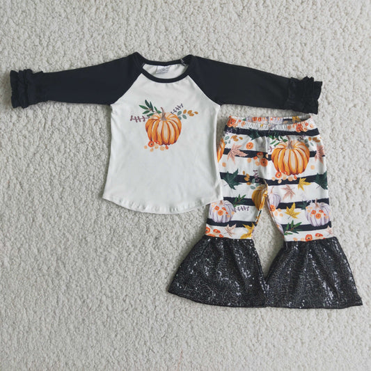 RTS NO MOQ（In Stock) 6 A20-29 Pumpkin top long sleeve black sequin flared pants