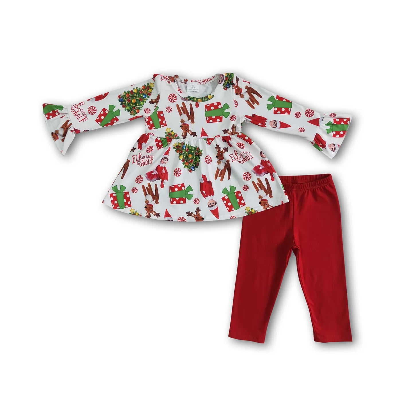 RTS NO MOQ Sibling milk silk Baby Girls Christmas Print Long Sleeve Tunic Pants Clothes Sets