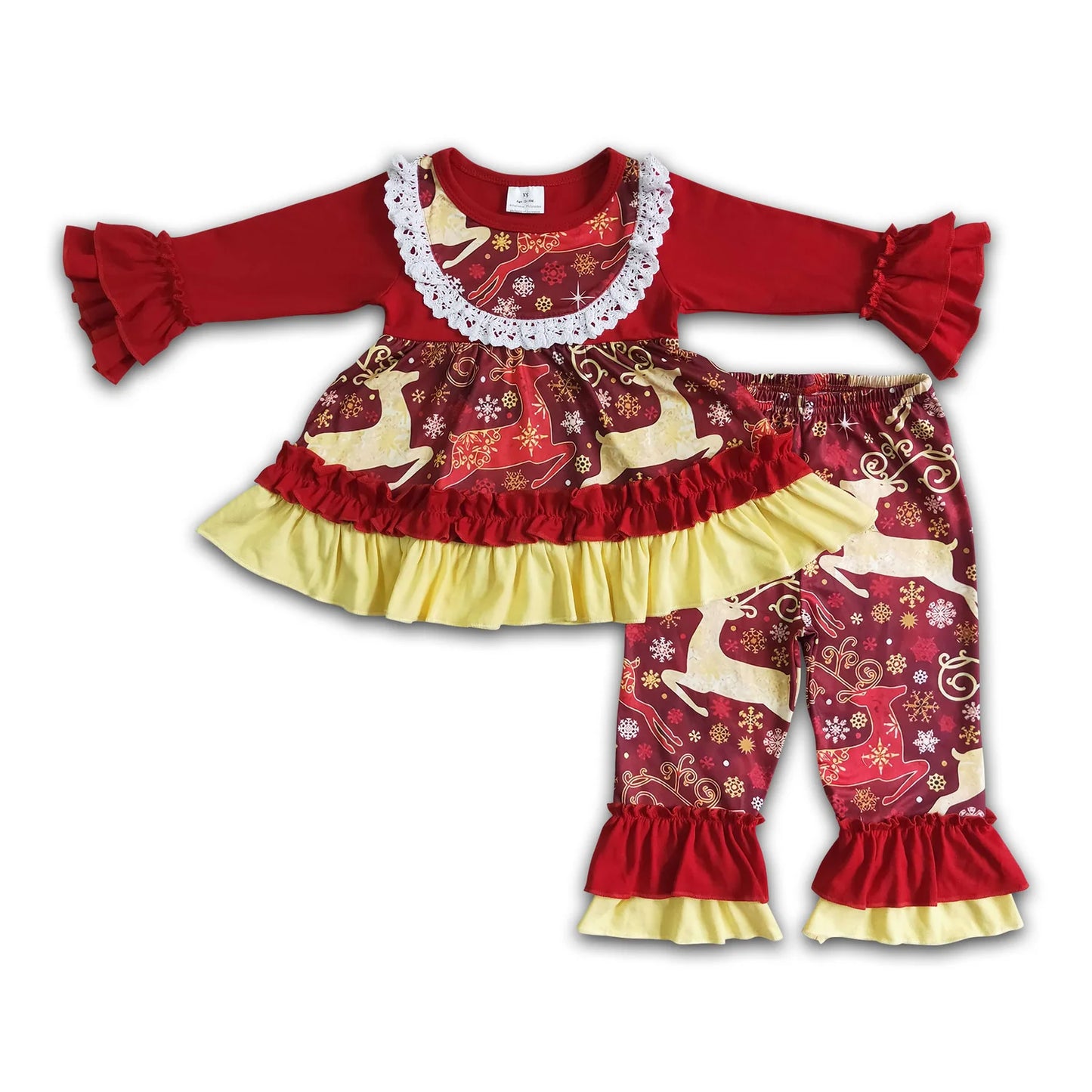RTS NO MOQ Sibling milk silk Baby Girls Christmas Santa Ruffle Long Sleeve Top Ruffle Pants Outfit Set