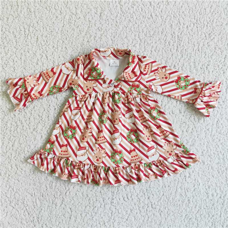 6 A23-12 Baby Girls Santa deer print long sleeve Christmas gown dresses