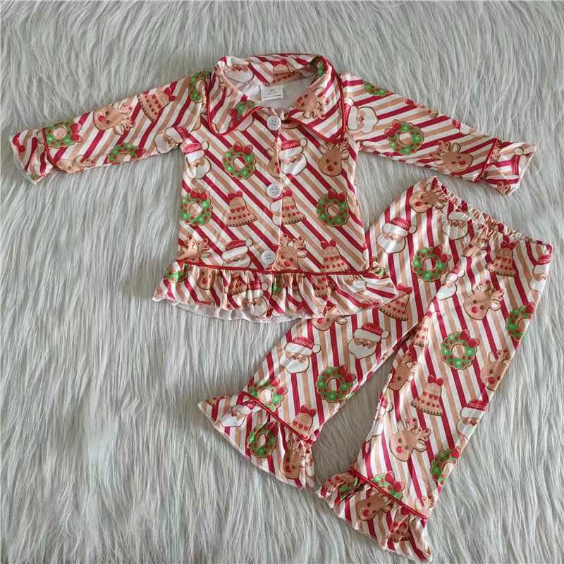 RTS NO MOQ Sibling milk silk Baby Girls Christmas Santa Long Sleeve Top Pants Pajamas Outfit Set