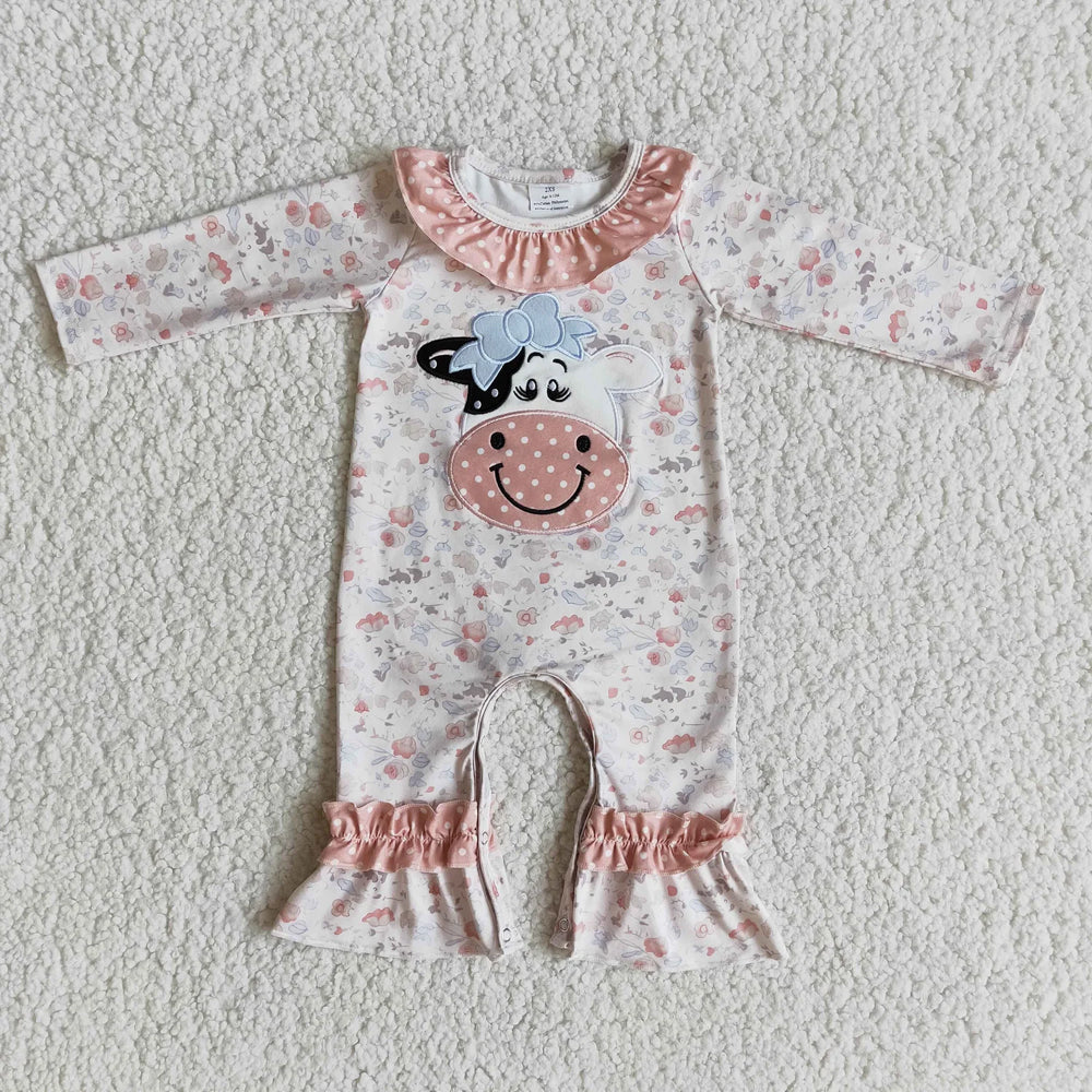 RTS NO MOQ Sibling milk silk Embroidery Baby Girls Pink Floral Cow Long Sleeve Top Legging Sets Romper